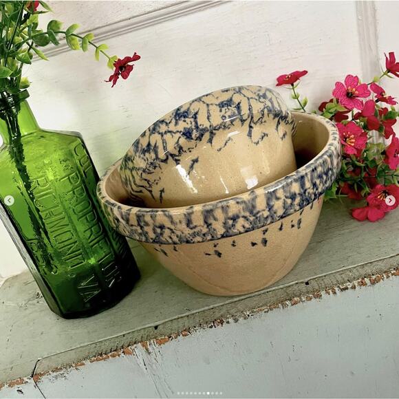 Vintage Blue Spongeware Robinson Ransbottom Roseville Ohio Spatter Bowls PAIR - Picture 8 of 10